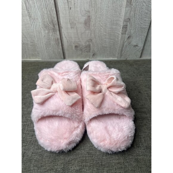 Womens Fuzzy Open Toe Pink Slippers Bow Trim Non-Slip Sole Size M 8-10 - Picture 5 of 7